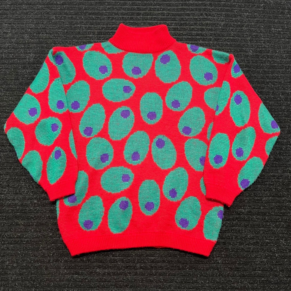 Vintage Esprit Sport Red Green Abstract Olive Pattern Mock Neck Knit Sweater M
